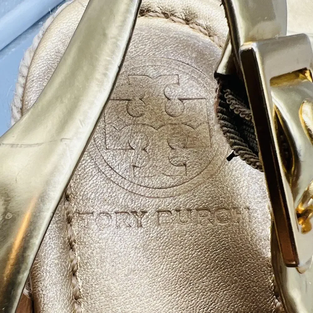 Tory Burch Shoes Womens 7 Gold Leather Slingback Espadrille Wedge Heels Logo